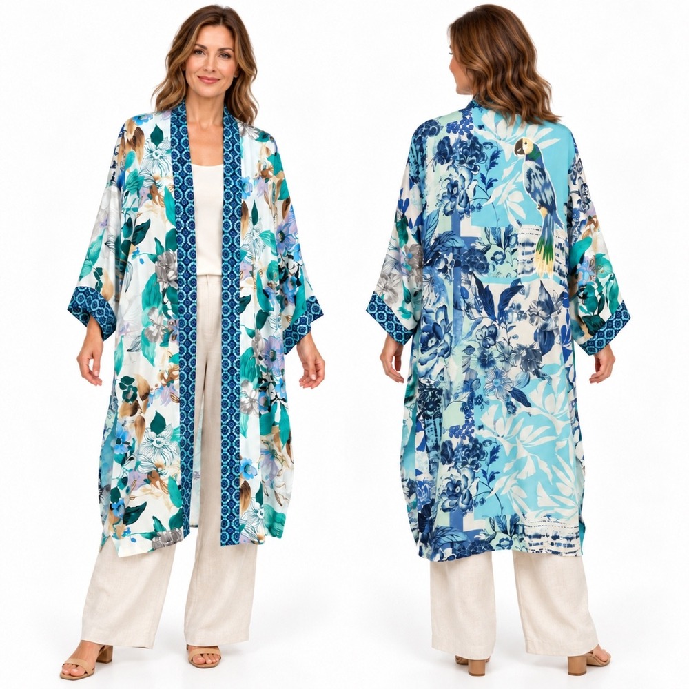 Chicos Day Glow Long Kimono Ruana Teal Waters Embroidered Parrot Size S/M